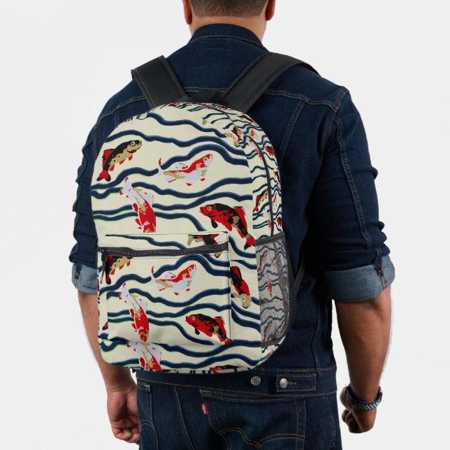 Art Deco Colourful Carp Swimming Navy Decor Printed Backpack (Insitu (Model))