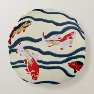 Art Deco Colourful Carp Swimming Navy Decor Round Cushion