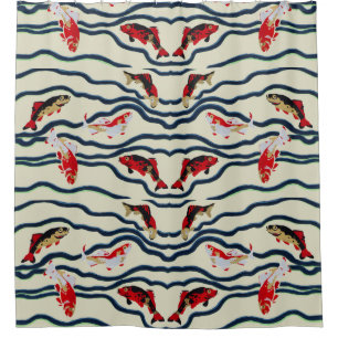 Art Deco Colourful Carp Swimming Navy Decor Shower Curtain