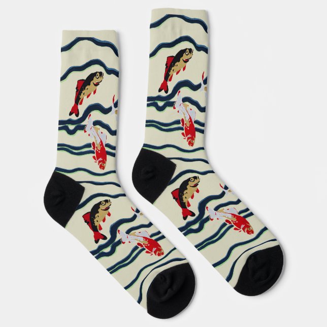 Art Deco Colourful Carp Swimming Navy Decor Socks (Right)
