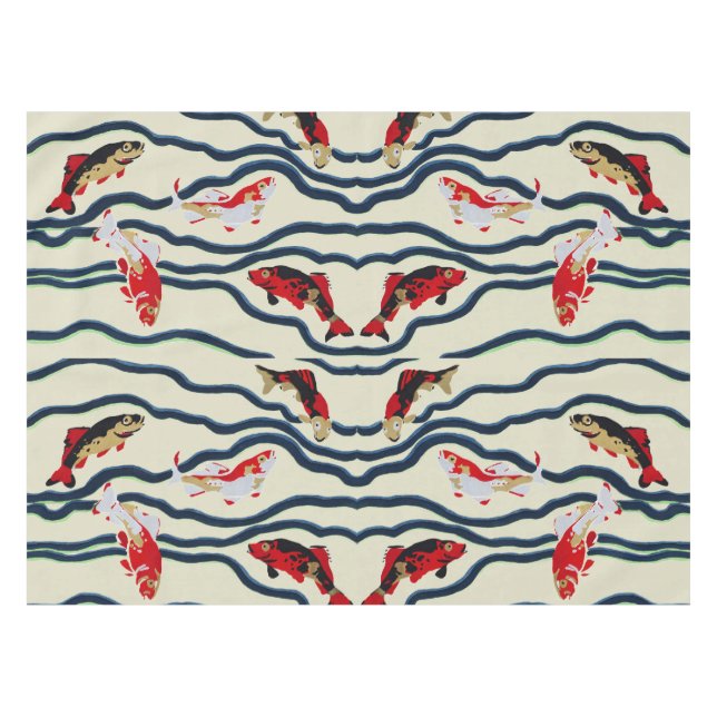 Art Deco Colourful Carp Swimming Navy Decor Tablecloth (Front (Horizontal))