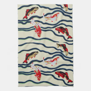 Art Deco Colourful Carp Swimming Navy Decor Tea Towel