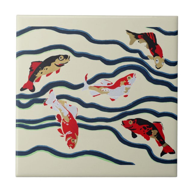 Art Deco Colourful Carp Swimming Navy Decor Tile (Front)