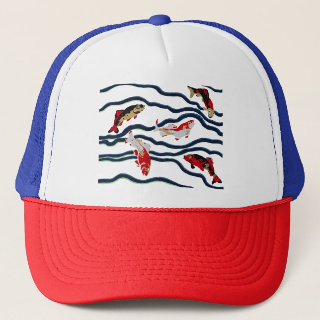 Art Deco Colourful Carp Swimming Navy Decor Trucker Hat (Front)