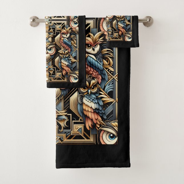 Art Deco Colourful Owl Bath Towel Set (Insitu)