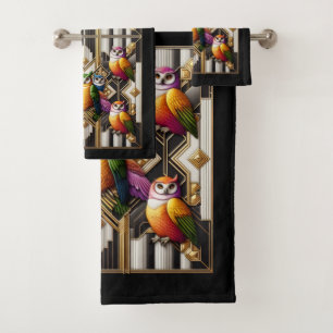 Art Deco Colourful Owl Bath Towel Set
