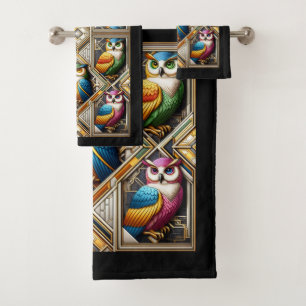 Art Deco Colourful Owl Bath Towel Set