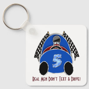 Art Deco Comic Style Blue Race Car (Personalized) Key Ring