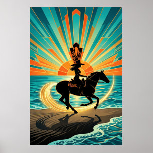 Art Deco Cowgirl Horse Beach Waves Sunset Poster