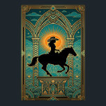 Art Deco Cowgirl Horse Monument Sunburst Poster<br><div class="desc">A majestic architectural tribute to the spirit of the West. This artwork features a black silhouette of a cowgirl riding a horse, presented as a monument atop an ornate Art Deco pedestal. Framed by a towering cathedral-style geometric arch and a vibrant orange sunburst, the deep teal sky is dotted with...</div>