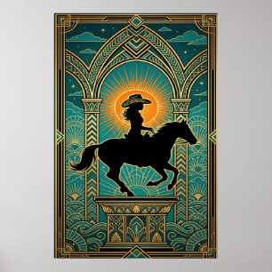 Art Deco Cowgirl Horse Monument Sunburst Poster