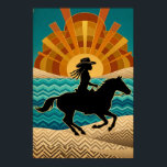 Art Deco Cowgirl Horse Sunset Teal Orange Poster<br><div class="desc">A unique fusion of retro glamour and western romance. This stylized illustration features the silhouette of a cowgirl riding a horse against a massive, radiating sunset. With a vibrant palette of orange, teal, and beige, and chevron patterns reminiscent of desert landscapes, this poster is perfect for rustic chic decor, a...</div>