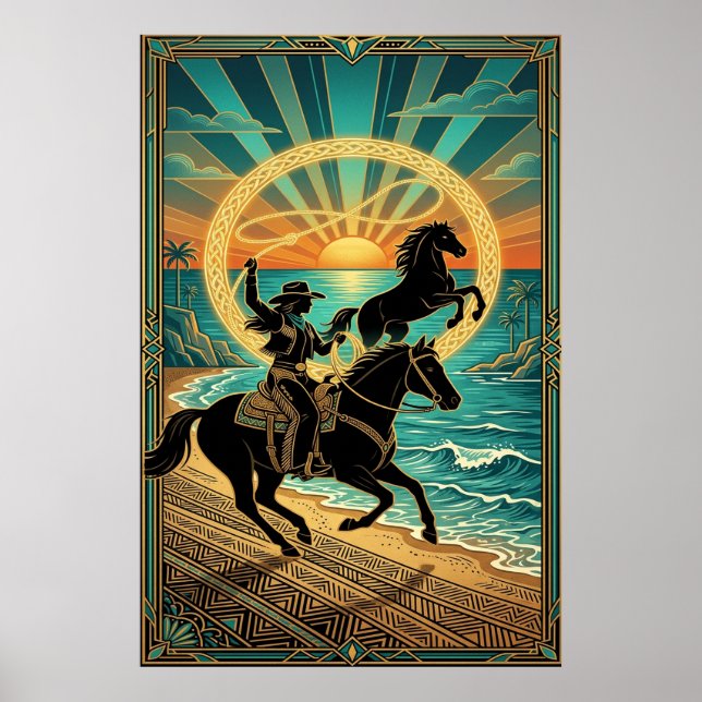 Art Deco Cowgirl Lasso Horse Beach Sunset Poster (Front)