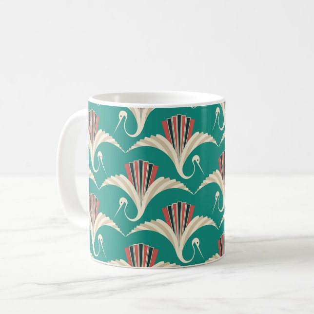 Art Deco Crane - turquoise background Coffee Mug (Front Left)