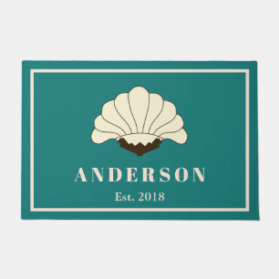 Art Deco Cream Flower Blossom Crest & Teal Doormat