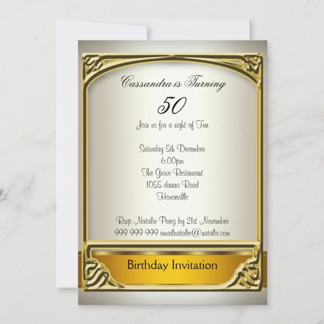 Art  Deco Cream Gold 50th Birthday Invitation (Front)
