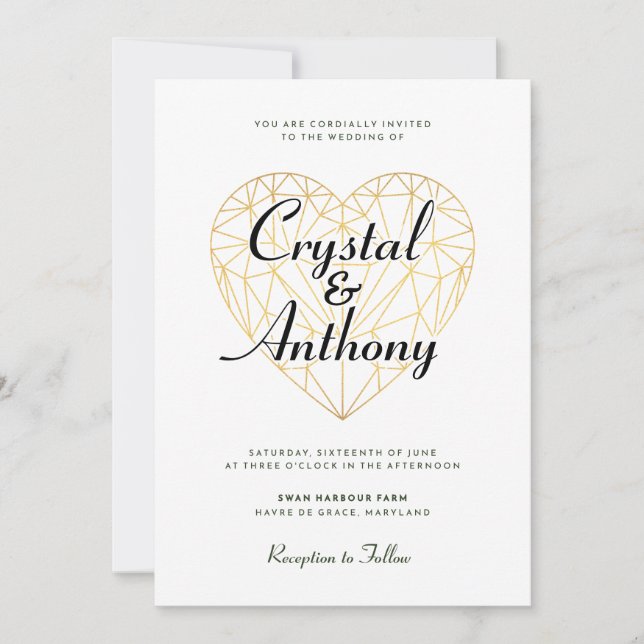 Art Deco Crystal Heart Script Wedding Invitation (Front)