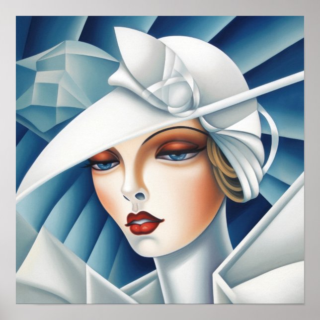 Art Deco Cubism Blue Eyes Woman Portrait Poster (Front)