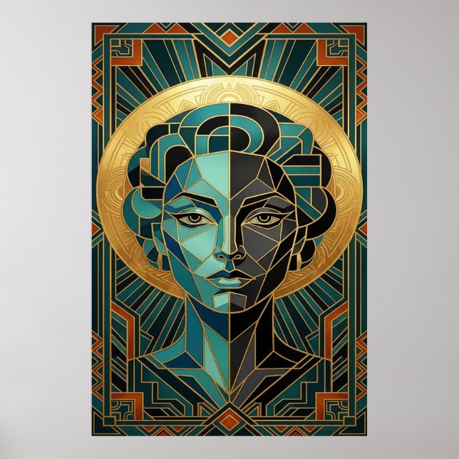 Art Deco Cubist Woman Face Gold Teal Poster (Front)