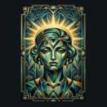 Art Deco Cubist Woman Sunset Gold Teal Poster<br><div class="desc">A mesmerizing blend of cubist form and Art Deco symmetry. This portrait features a stylized woman's face composed of geometric teal and black planes, framed by a radiant, celestial gold sunburst. The composition is anchored by intricate botanical and chevron patterns, making it a sophisticated statement piece for a modern gallery...</div>