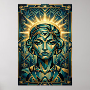 Art Deco Cubist Woman Sunset Gold Teal Poster