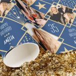 Art Deco Custom Age Name & Photos Birthday Blue Wrapping Paper<br><div class="desc">Add a touch of Art Deco style with this personalised name and photo gift wrap. A seamless pattern featuring geometric diamond shapes and stars in a palette of blue, white and gold colour. Custom birthday wrapping paper is a great way to add luxury to your gifts and make them truly...</div>