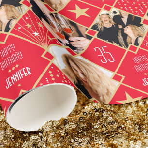 Art Deco Custom Age Name & Photos Birthday Red Wrapping Paper
