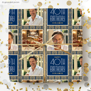 Art Deco Custom Age Photo Birthday Navy Gold Chic Wrapping Paper