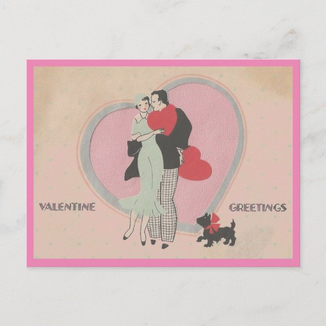 Art Deco Cute Couple & Dog Vintage Valentine Postcard (Front)