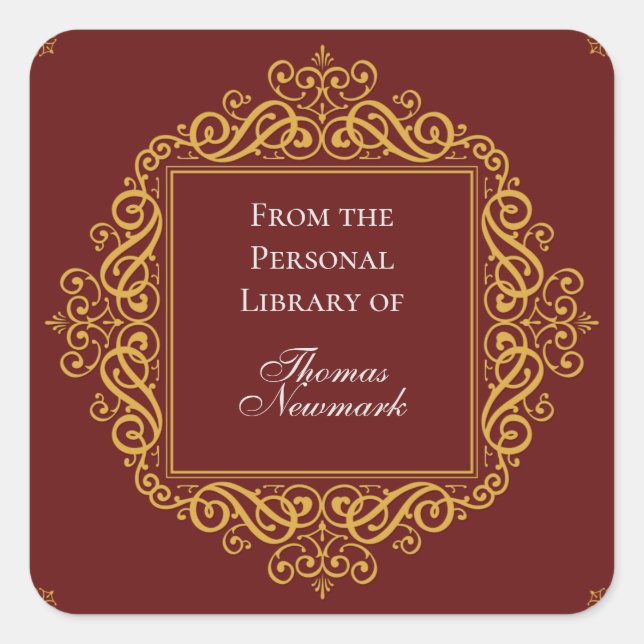 Art Deco Dark Red Gold Filigree Square Bookplate Square Sticker (Front)
