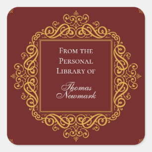 Art Deco Dark Red Gold Filigree Square Bookplate Sticker