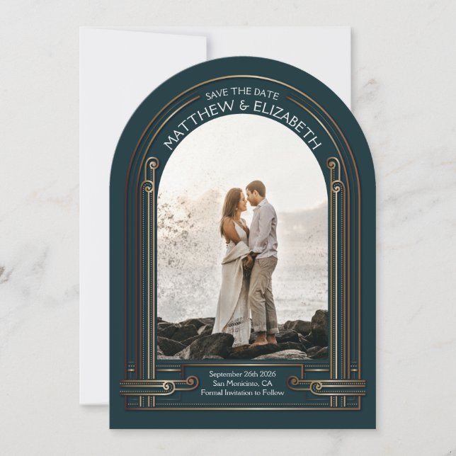 Art Deco Dark Teal Bronze Arch Save the Date Invitation (Front)