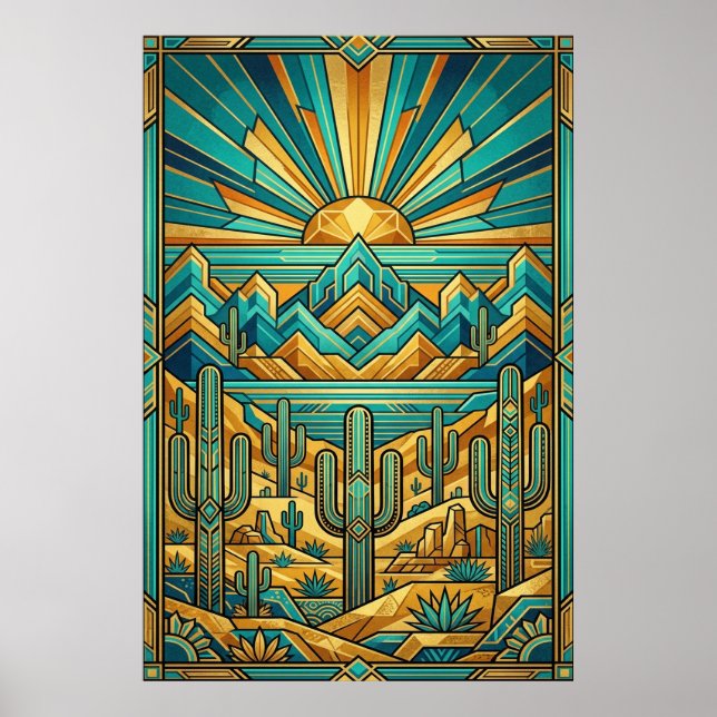 Art Deco Desert Sunset Poster - Geometric Saguaro  (Front)