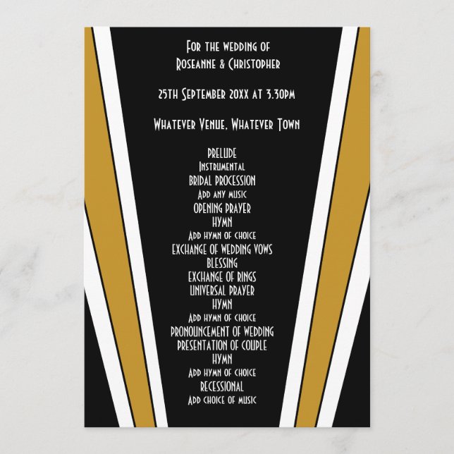 Art Deco Design Black And Gold Wedding Programme (Front)