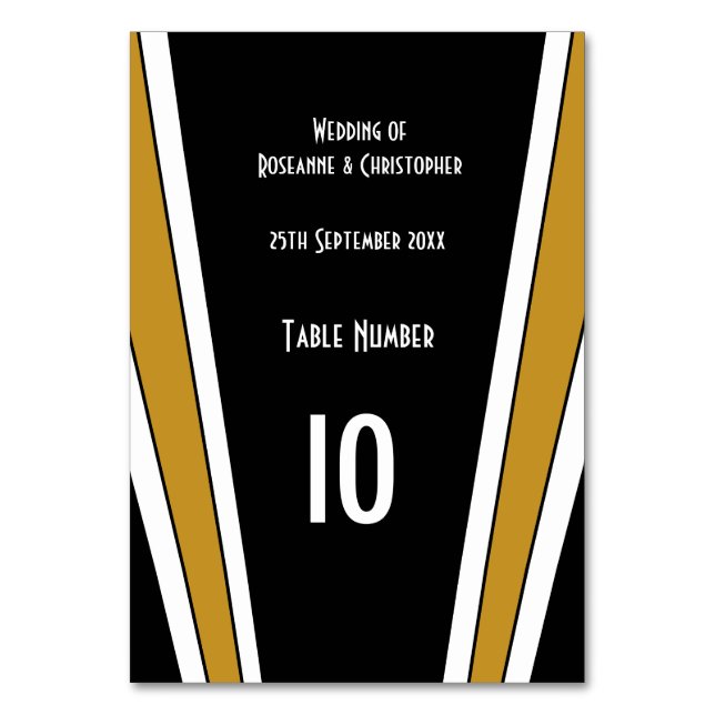 Art Deco Design Black And Gold Wedding Table Number (Front)