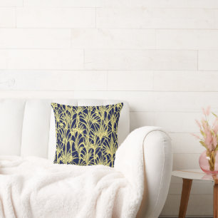 Art Deco Design with Fronds in Blue and Gold Cushion