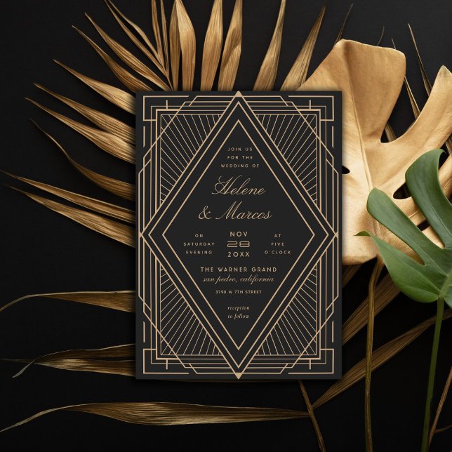 Art Deco Diamond Black and Gold Wedding Invitation (Creator Uploaded)