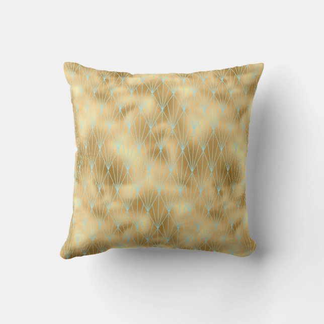 Art Deco Diamond Design, Gold & Teal Pattern Cushion (Back)