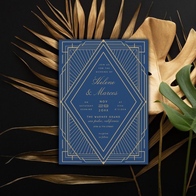 Art Deco Diamond Navy Blue and Gold Wedding Invitation (Creator Uploaded)