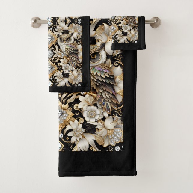 Art Deco Diamond Owl Bath Towel Set (Insitu)