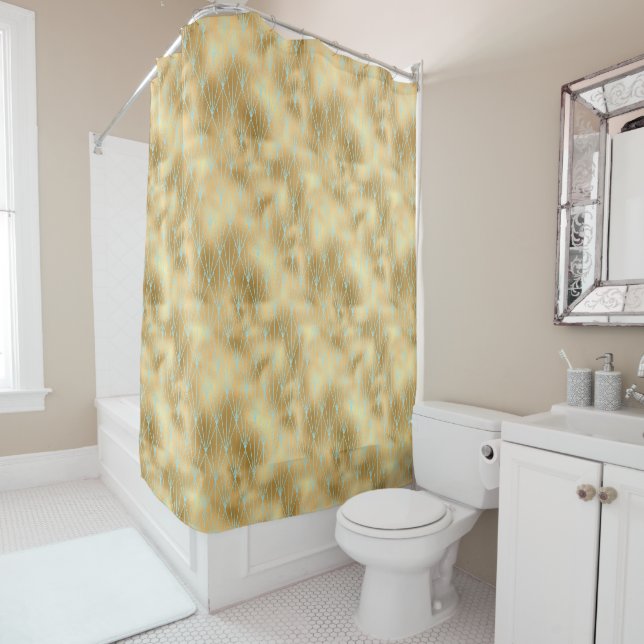 Art Deco Diamond Pattern 2, Gold & Teal Shower Curtain (In Situ)