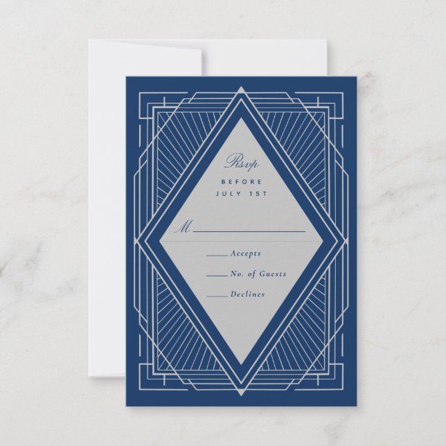 Art Deco Diamond Silver Navy Blue RSVP Card (Front)