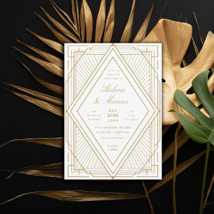 Art Deco Diamond White and Gold Wedding Invitation
