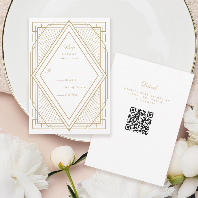 Art Deco Diamond White and Gold Wedding RSVP Card (Creator Uploaded)