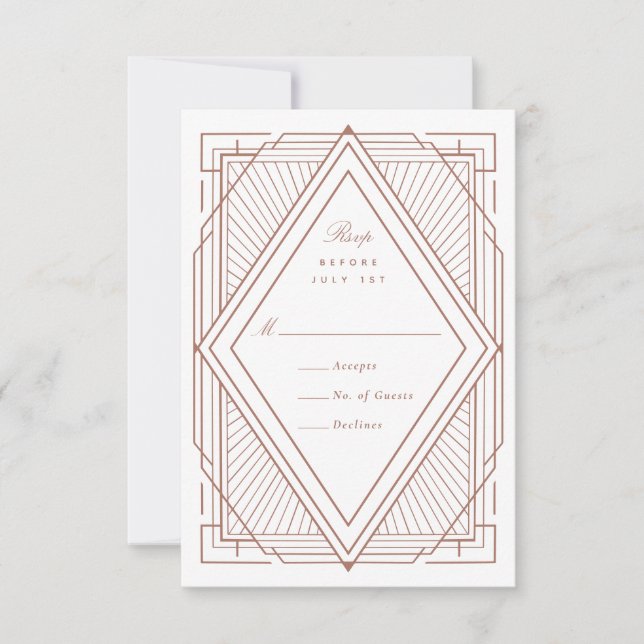 Art Deco Diamond White and Rose Gold Wedding RSVP Card (Front)