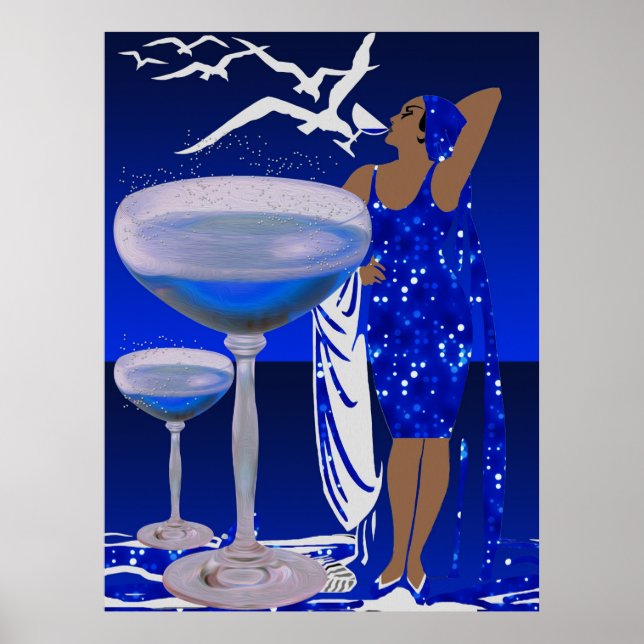ART DECO Diva LADY Blue Champagne Poster (Front)