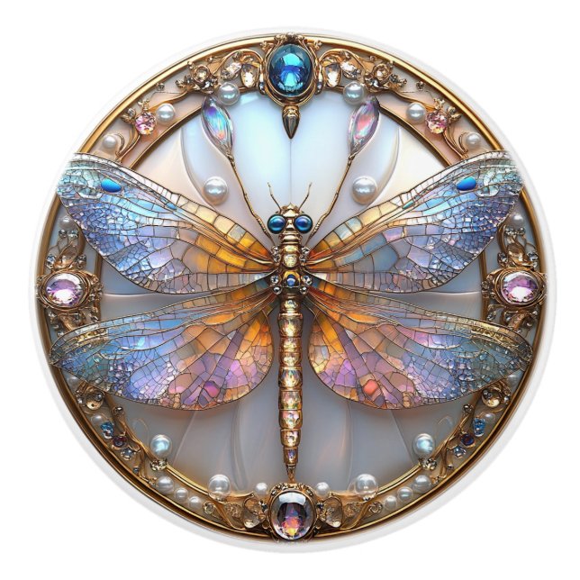 Art Deco  Dragonfly Gems Pearls Ceramic Knob (Front)