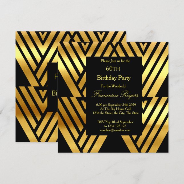 ART DECO Elegant 60th Birthday Party Gold Black In Invitation (Front/Back)