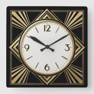 Art Deco Elegant Black and Gold Square Wall Clock