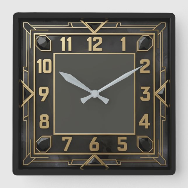 Art Deco Elegant Black Square Wall Clock (Front)